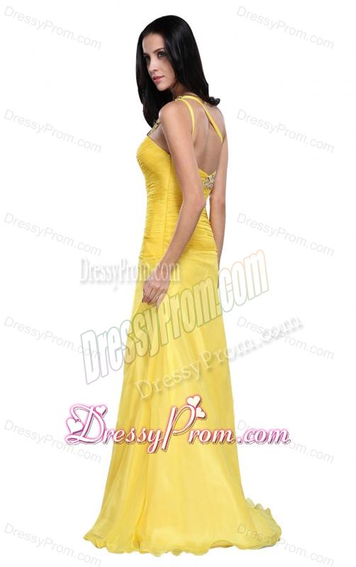 Column One Shoulder Light Yellow Beading Ruching Chiffon Prom Dress