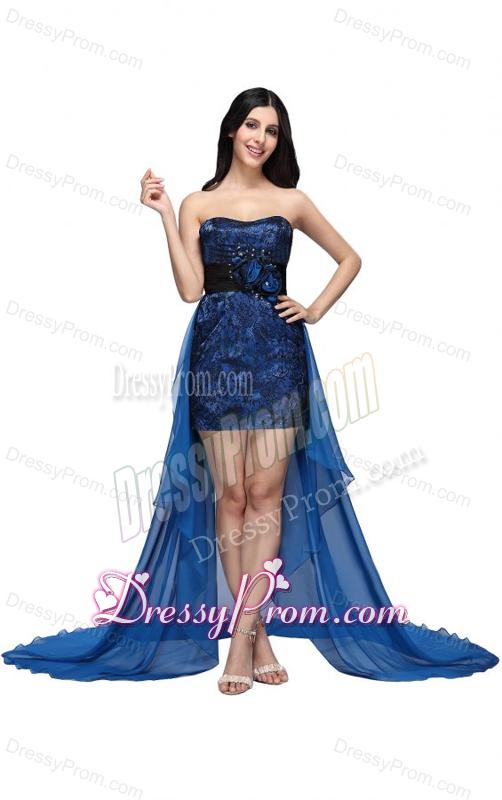 Column Royal Blue Strapless Lace Beading High-low Prom Dress