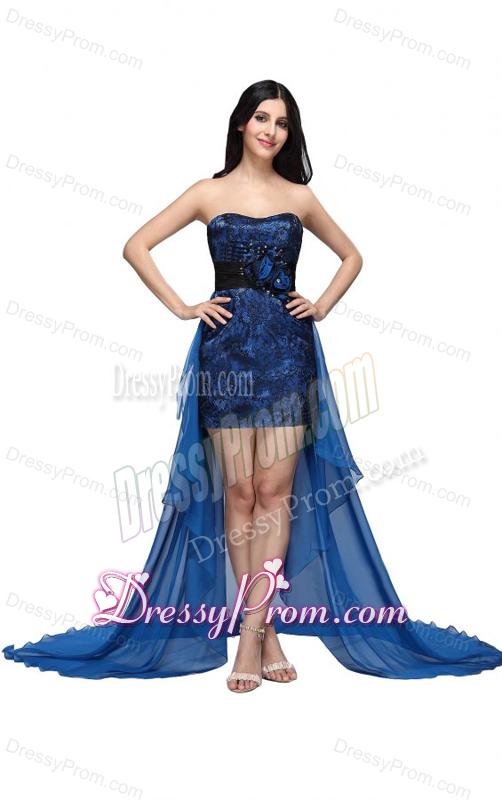 Column Royal Blue Strapless Lace Beading High-low Prom Dress
