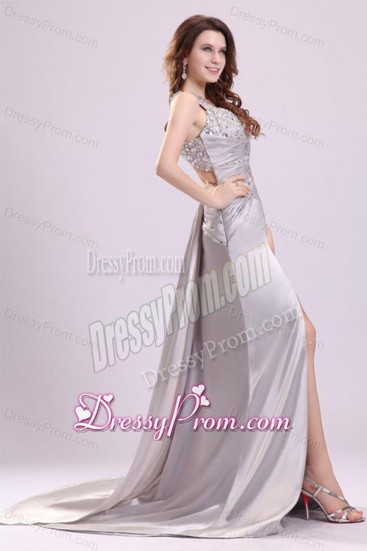 Column Straps Beading Ruching Satin High Slit Gray Prom Dress