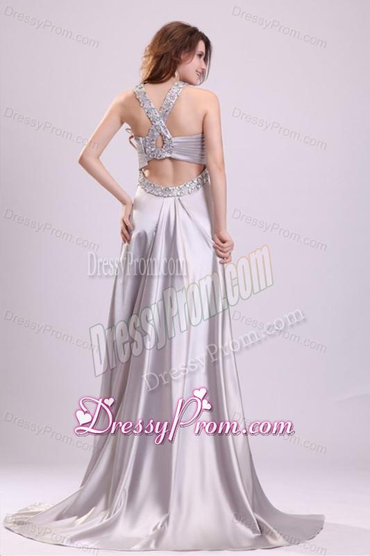 Column Straps Beading Ruching Satin High Slit Gray Prom Dress