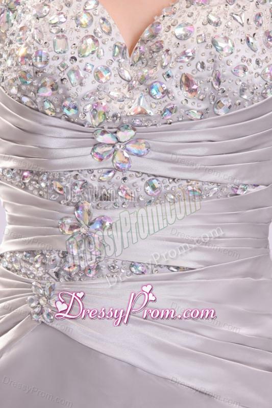 Column Straps Beading Ruching Satin High Slit Gray Prom Dress