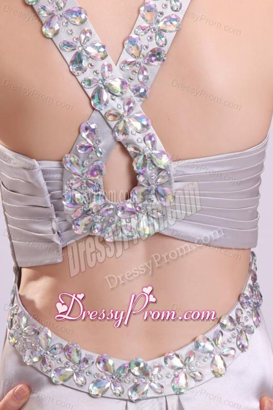 Column Straps Beading Ruching Satin High Slit Gray Prom Dress