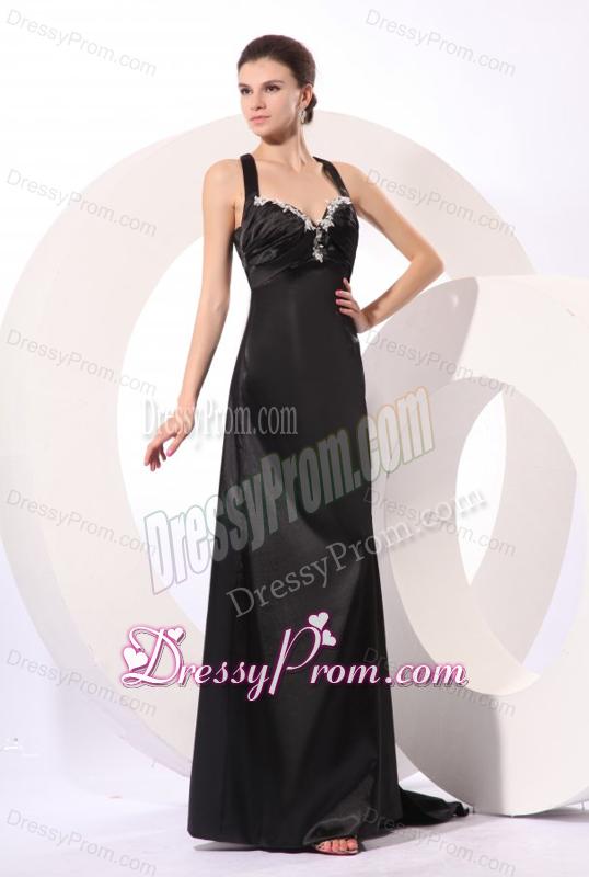 Column Straps Black Elastic Woven Satin Criss Cross Prom Dress with Beading