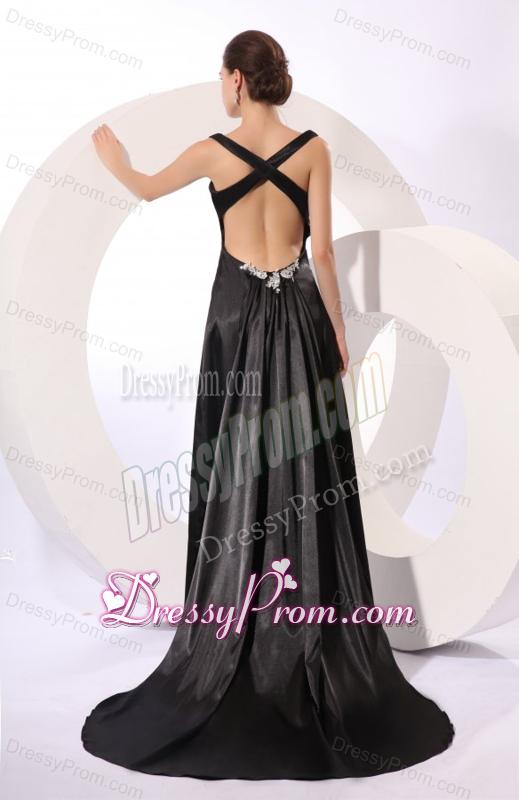 Column Straps Black Elastic Woven Satin Criss Cross Prom Dress with Beading