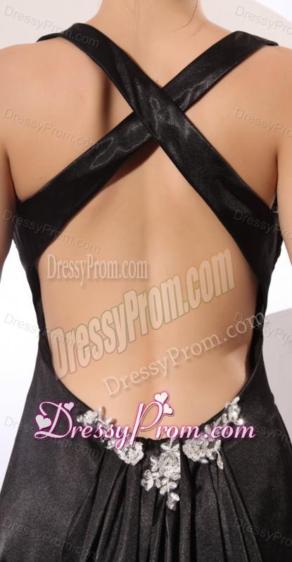 Column Straps Black Elastic Woven Satin Criss Cross Prom Dress with Beading