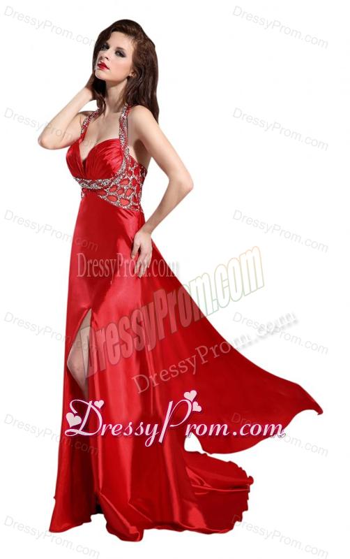 Column Straps Wine Red Beading and Ruching High Slit Prom Dress