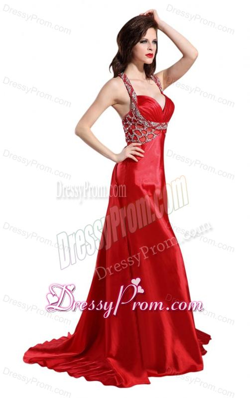Column Straps Wine Red Beading and Ruching High Slit Prom Dress