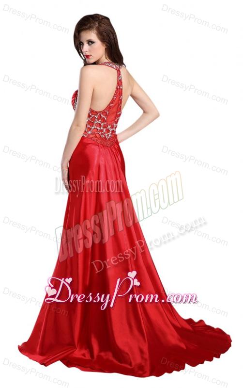 Column Straps Wine Red Beading and Ruching High Slit Prom Dress