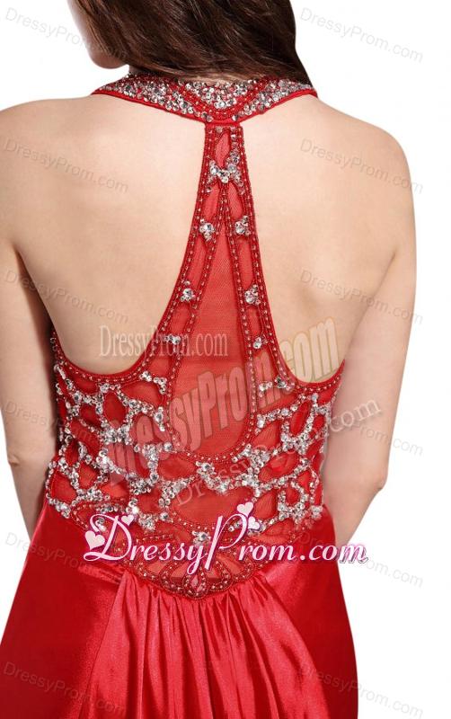 Column Straps Wine Red Beading and Ruching High Slit Prom Dress