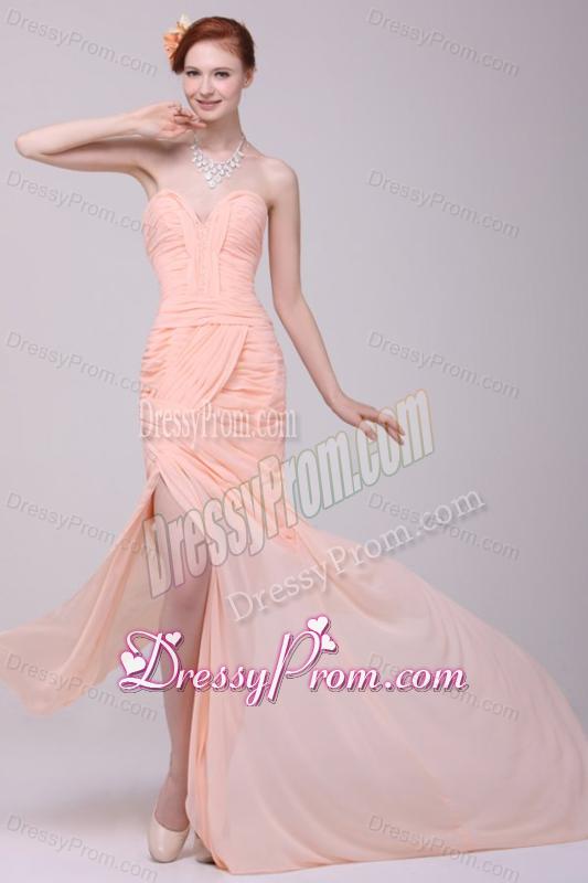 Column Sweetheart Beading and Ruche Peach prom Dress with High Silt