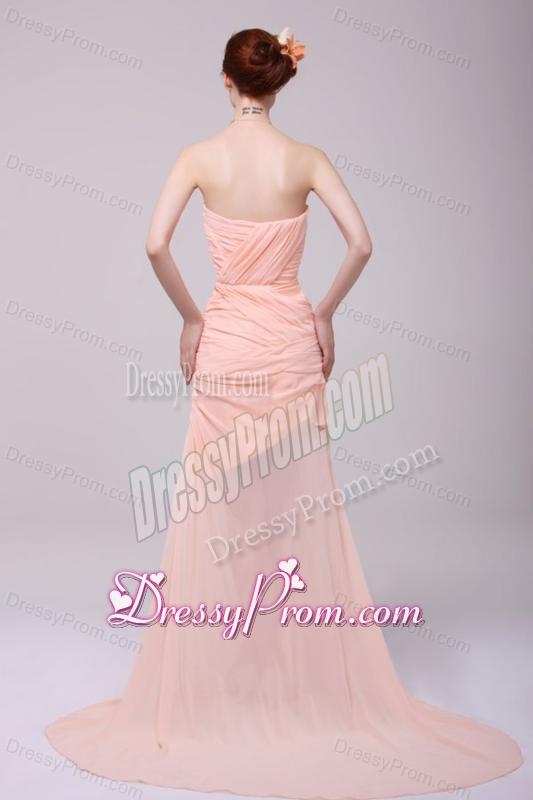 Column Sweetheart Beading and Ruche Peach prom Dress with High Silt