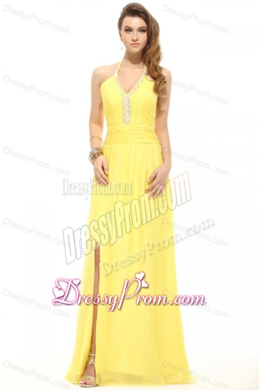 Empire Light Yellow Halter Top High Slit Beading Chiffon Prom Dress