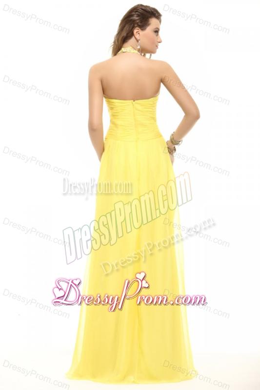 Empire Light Yellow Halter Top High Slit Beading Chiffon Prom Dress