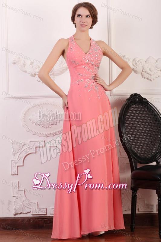 Halter Top Neck Chiffon Empire Beaded Decorate Full Length Prom Dress