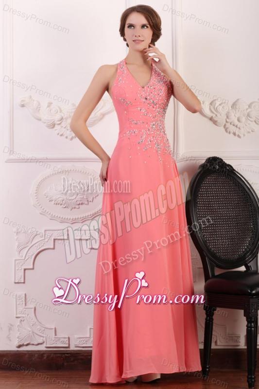 Halter Top Neck Chiffon Empire Beaded Decorate Full Length Prom Dress