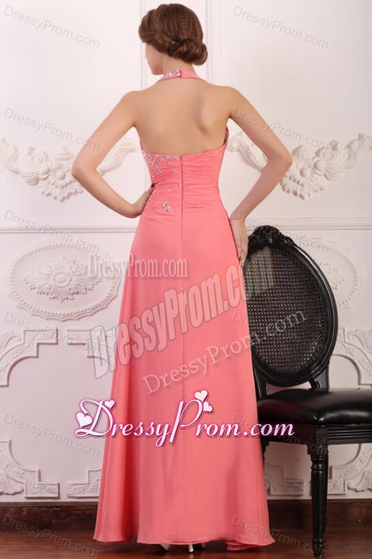 Halter Top Neck Chiffon Empire Beaded Decorate Full Length Prom Dress