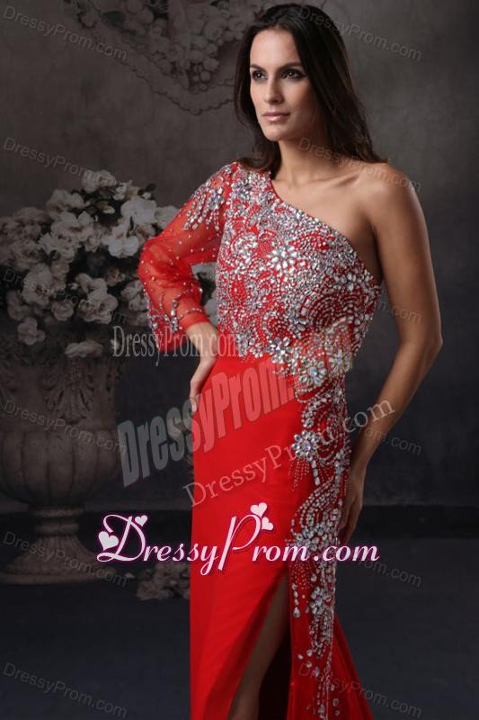 High Slit One Shoulder Red Prom Dress with Beading Long Sleeve