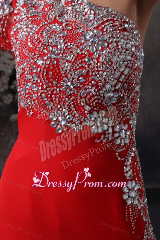 High Slit One Shoulder Red Prom Dress with Beading Long Sleeve