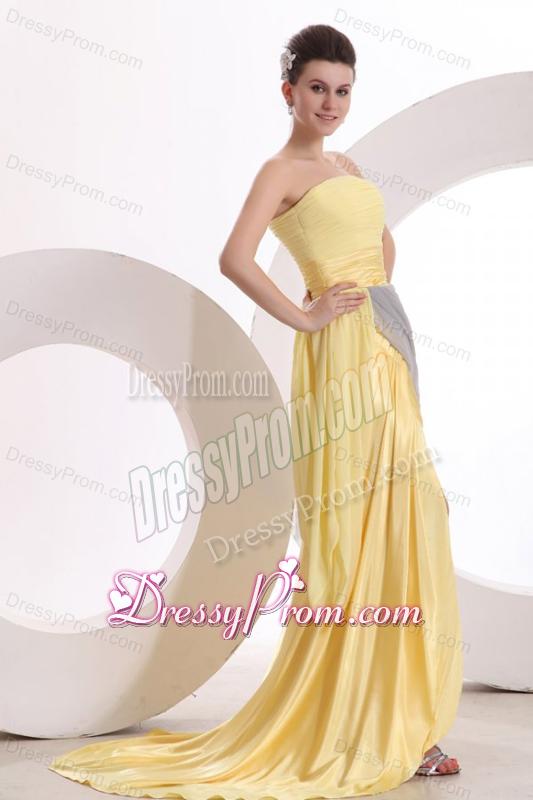 New Column Strapless Ruching Yellow Chiffon Prom Dress with Brush Train