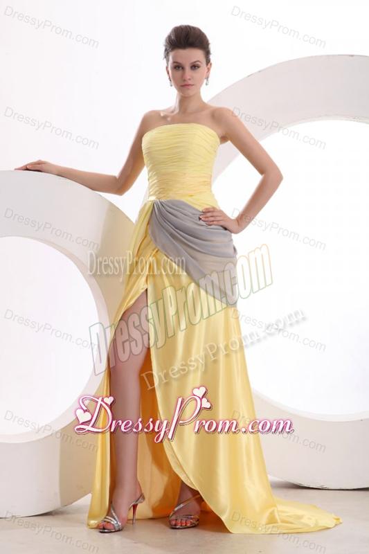 New Column Strapless Ruching Yellow Chiffon Prom Dress with Brush Train