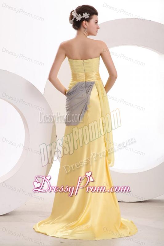 New Column Strapless Ruching Yellow Chiffon Prom Dress with Brush Train