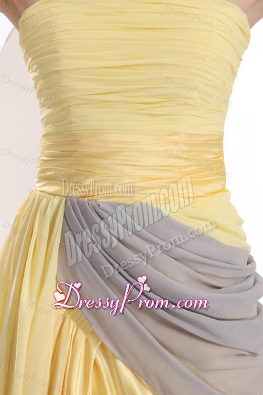 New Column Strapless Ruching Yellow Chiffon Prom Dress with Brush Train