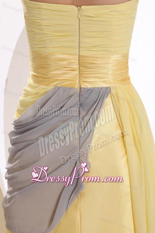 New Column Strapless Ruching Yellow Chiffon Prom Dress with Brush Train