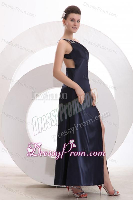Sexy Column One Shoulder Ankle-length Beading Navy Blue Prom Dress with Criss Cross