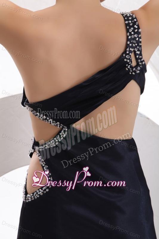 Sexy Column One Shoulder Ankle-length Beading Navy Blue Prom Dress with Criss Cross