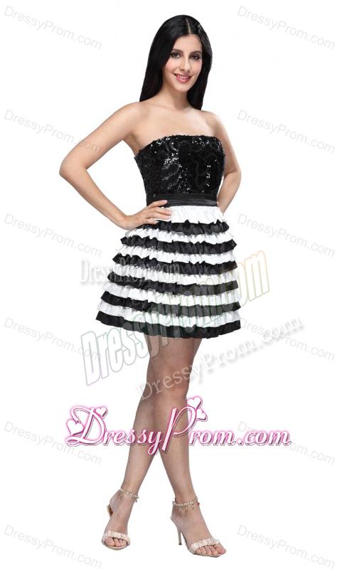 Strapless Black and White Mini-length Sequins Layered Prom Dress
