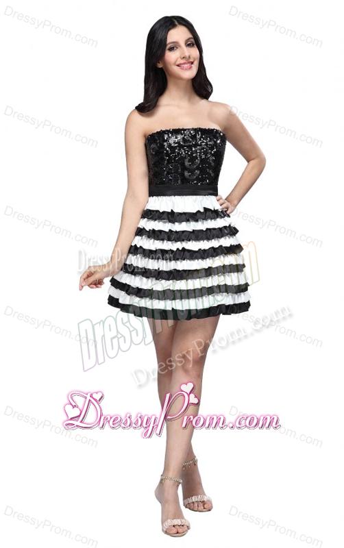 Strapless Black and White Mini-length Sequins Layered Prom Dress