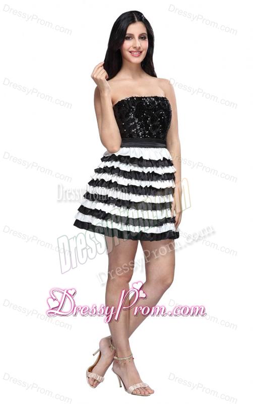 Strapless Black and White Mini-length Sequins Layered Prom Dress