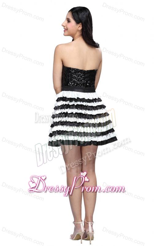 Strapless Black and White Mini-length Sequins Layered Prom Dress