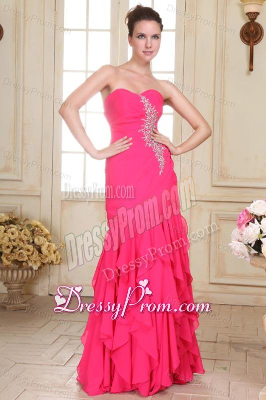 Sweetheart Floor-length Beaded Decorate Hot Pink Prom Dress in Chiffon
