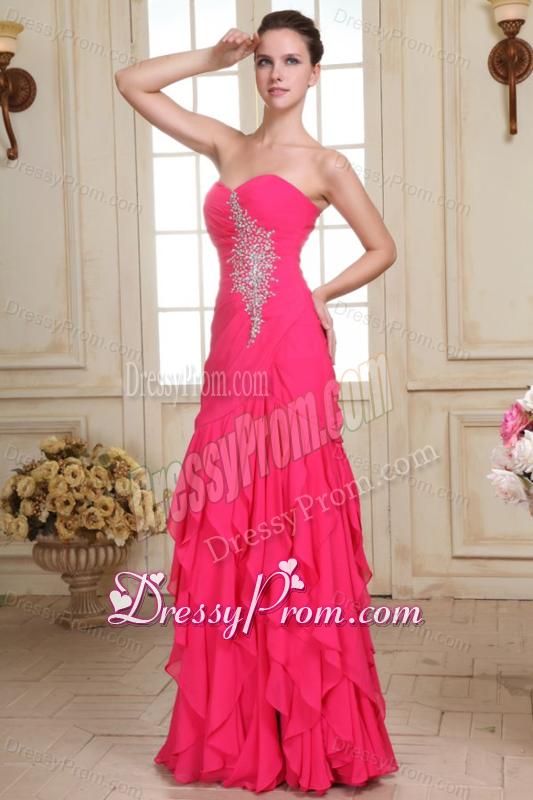 Sweetheart Floor-length Beaded Decorate Hot Pink Prom Dress in Chiffon
