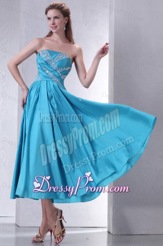 Teal Empire Strapless Tea-length Prom Dress with Beading