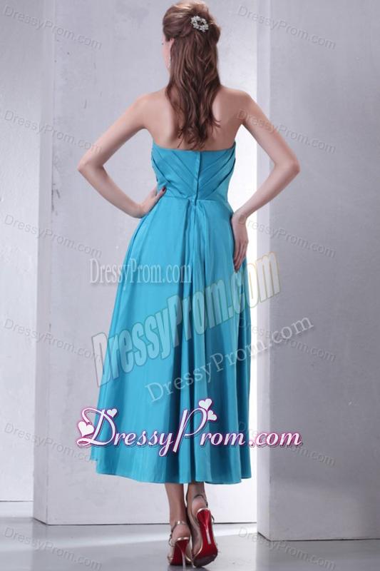 Teal Empire Strapless Tea-length Prom Dress with Beading