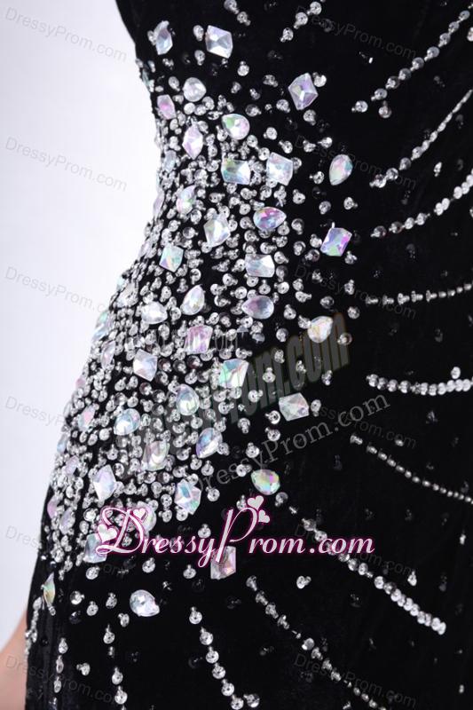 Beading and Rhinestone One Shoulder Black Column Prom Dress