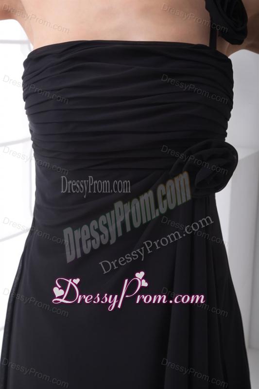 Black Empire One Shoulder Floor-length Hand Made Flowers Chiffon Prom Dress
