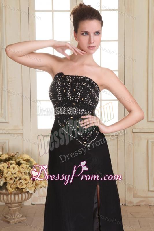 Black Strapless Beading and High Silt Empire Sweep Train Prom Dress