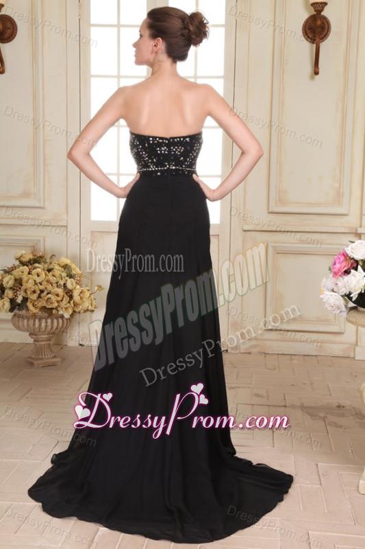 Black Strapless Beading and High Silt Empire Sweep Train Prom Dress