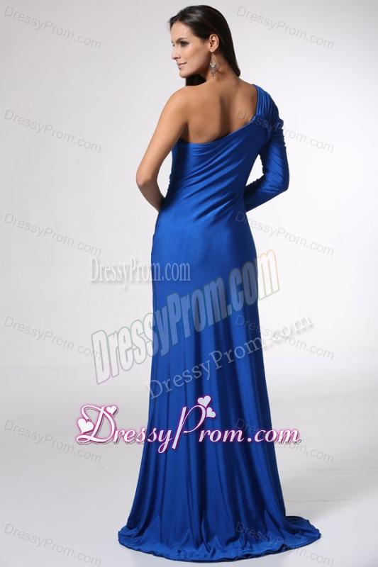 Blue Long Sleeve One Shoulder Prom Dress with High Slit