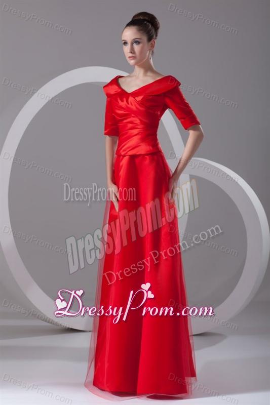 Cheap Column V-neck Red Taffeta Half Sleeves Red Ruching Prom Dress