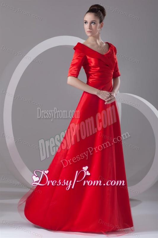 Cheap Column V-neck Red Taffeta Half Sleeves Red Ruching Prom Dress
