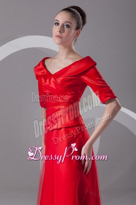 Cheap Column V-neck Red Taffeta Half Sleeves Red Ruching Prom Dress