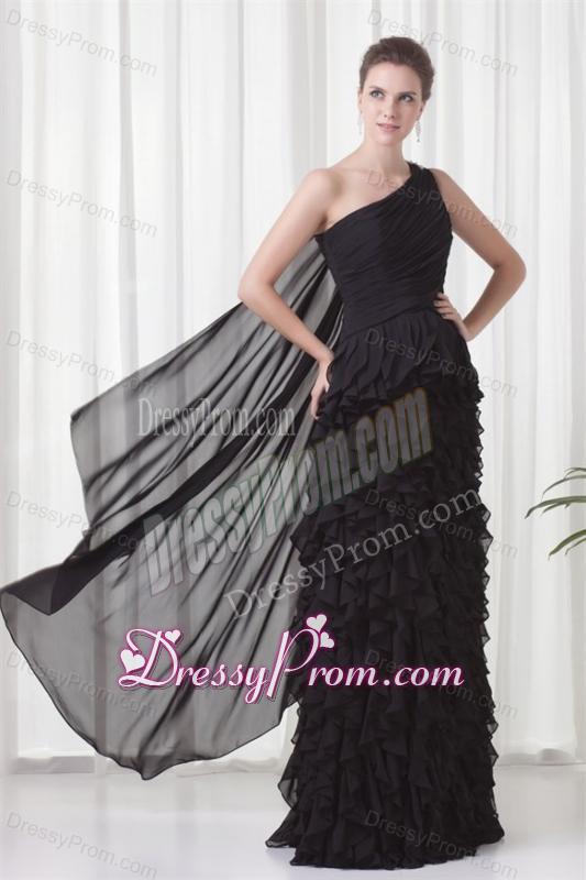 Column One Shoulder Black Watteau Train Chiffon Ruffles Prom Dress