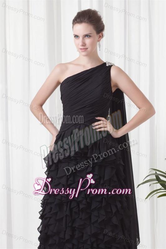 Column One Shoulder Black Watteau Train Chiffon Ruffles Prom Dress