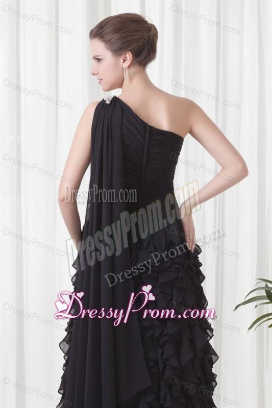 Column One Shoulder Black Watteau Train Chiffon Ruffles Prom Dress