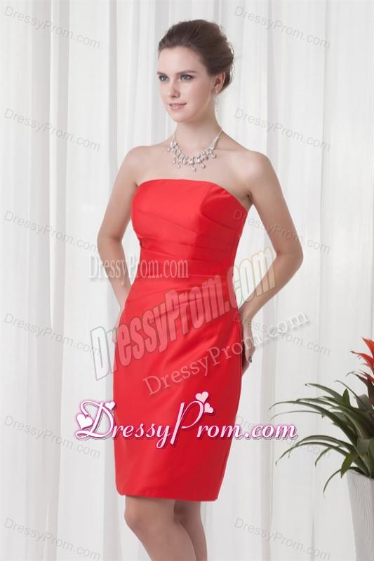 Column Strapless Mini-length Red Ruching Taffeta Prom Dress